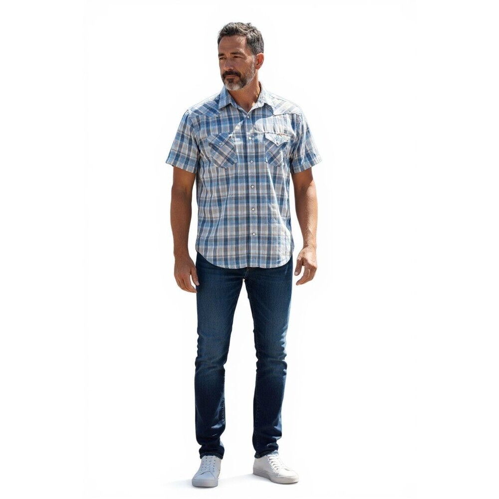 Lucky Brand Men’s XL Short Sleeve Blue White Plaid Snap Front Dress Shirt